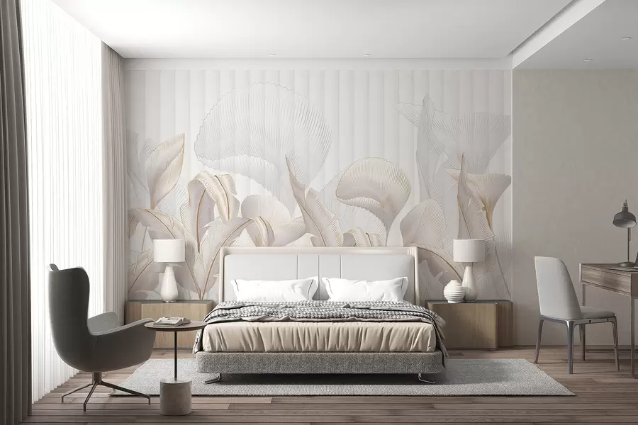 wall murals Поглед изблиза на тропско лишће на белој позадини, са текстурираном позадином w01237