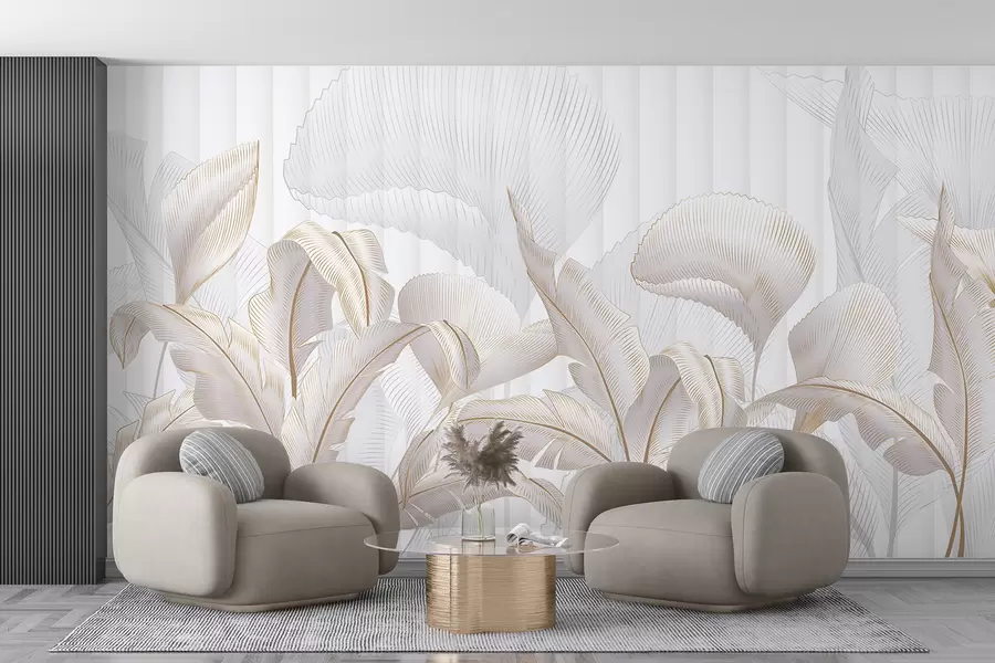 wall murals Поглед изблиза на тропско лишће на белој позадини, са текстурираном позадином w01237