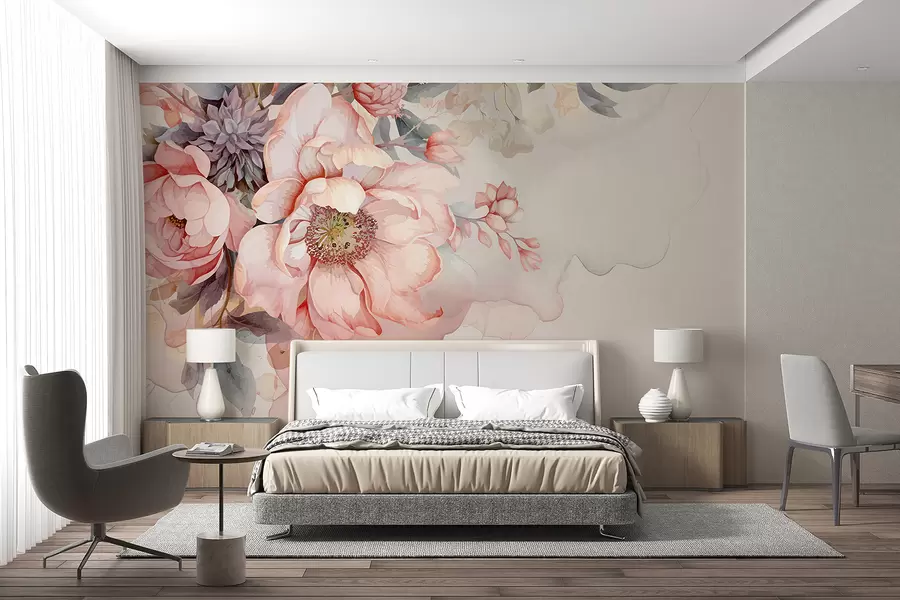 wall murals Акварел ружичасти божури са деликатним латицама, окружени бујним пастелним зеленилом и другим цвећем  w01245