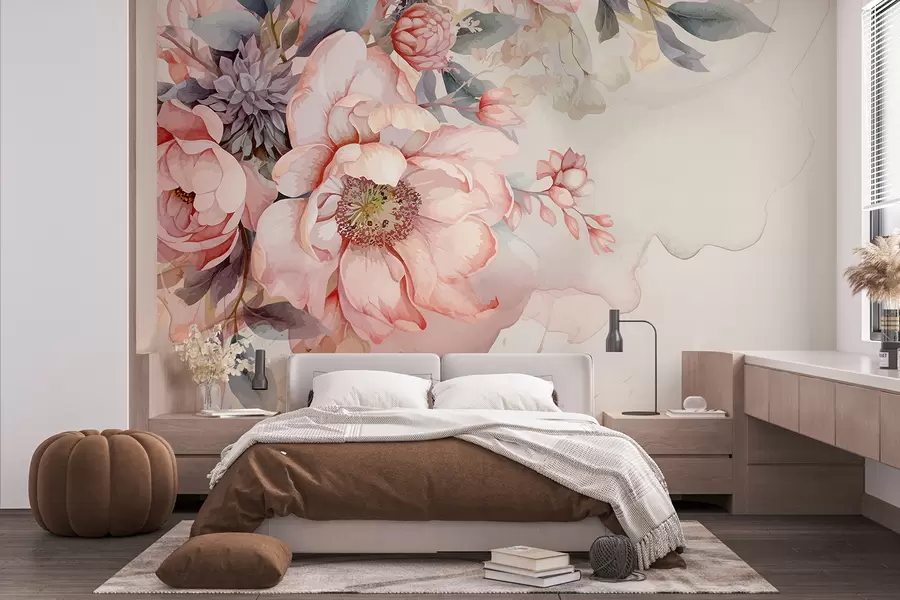 wall murals Акварел ружичасти божури са деликатним латицама, окружени бујним пастелним зеленилом и другим цвећем  w01245