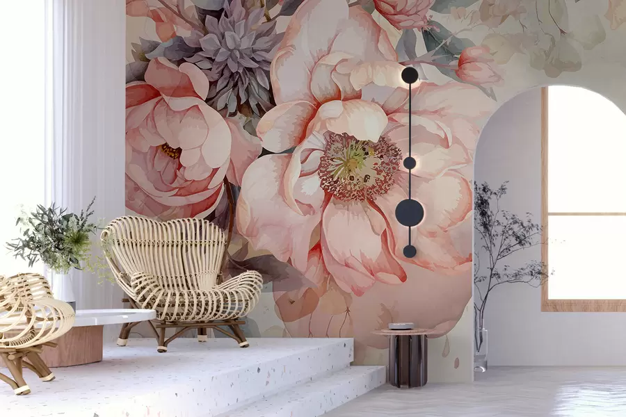 wall murals Акварел ружичасти божури са деликатним латицама, окружени бујним пастелним зеленилом и другим цвећем  w01245