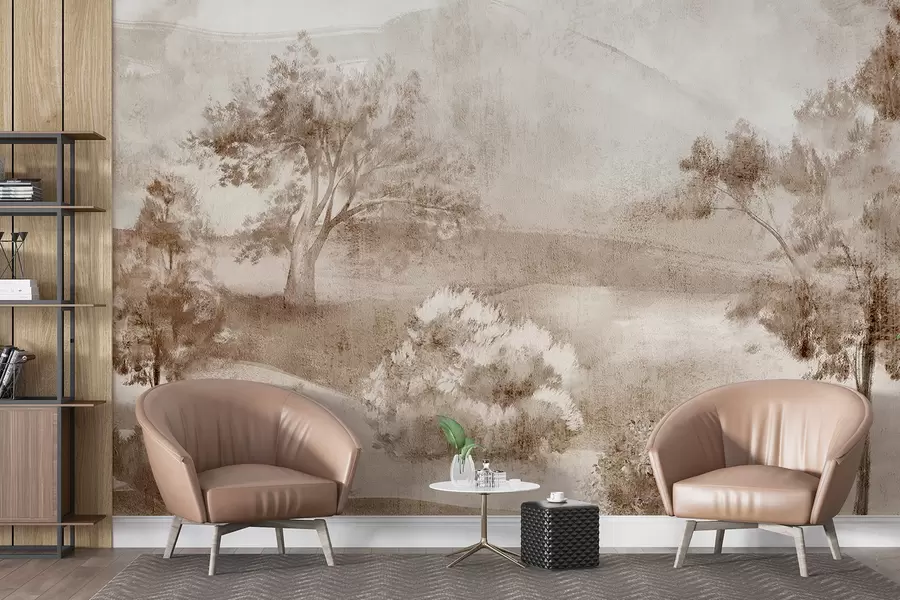 wall murals Пејзажно сликање магловитог сеоског призора окруженог бујним дрвећем и лишћем у нијансама браон w01247