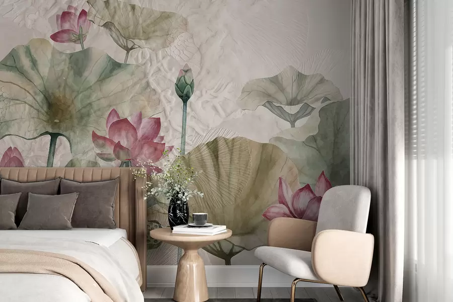 wall murals Розе цветови лотоса са зеленим листовима на светлој текстурној позадини w01248