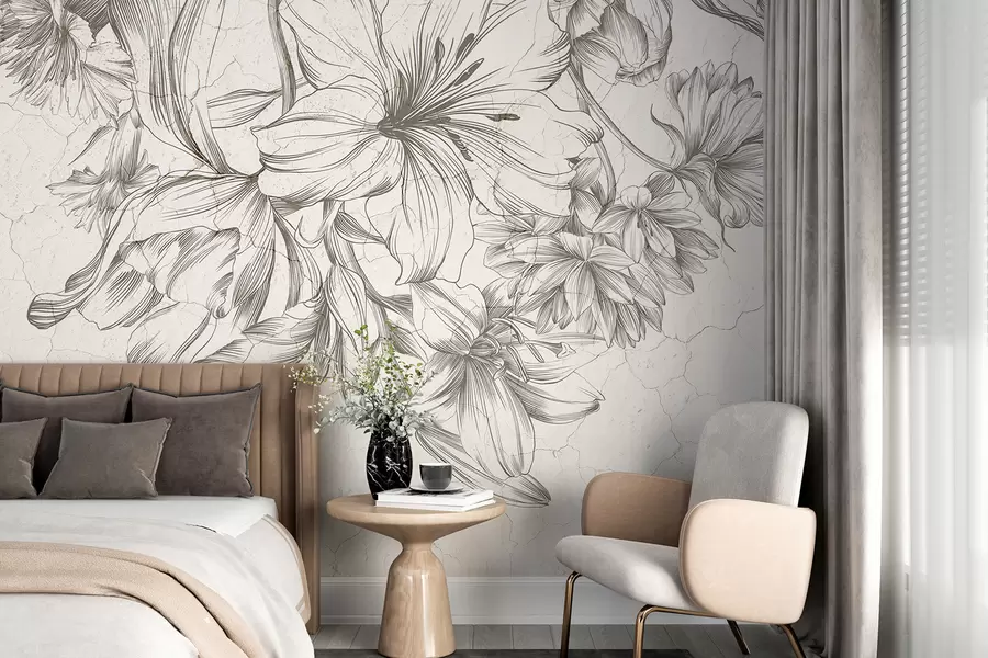 wall murals Црно-бела скица графичког отиска великог цвећа  w01253
