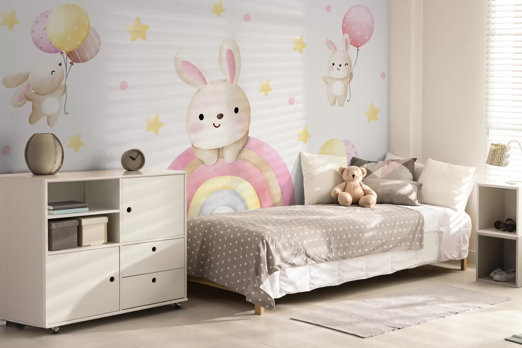 wall murals зечићи са дугом и балони у ружичастим тоновима w01332v1