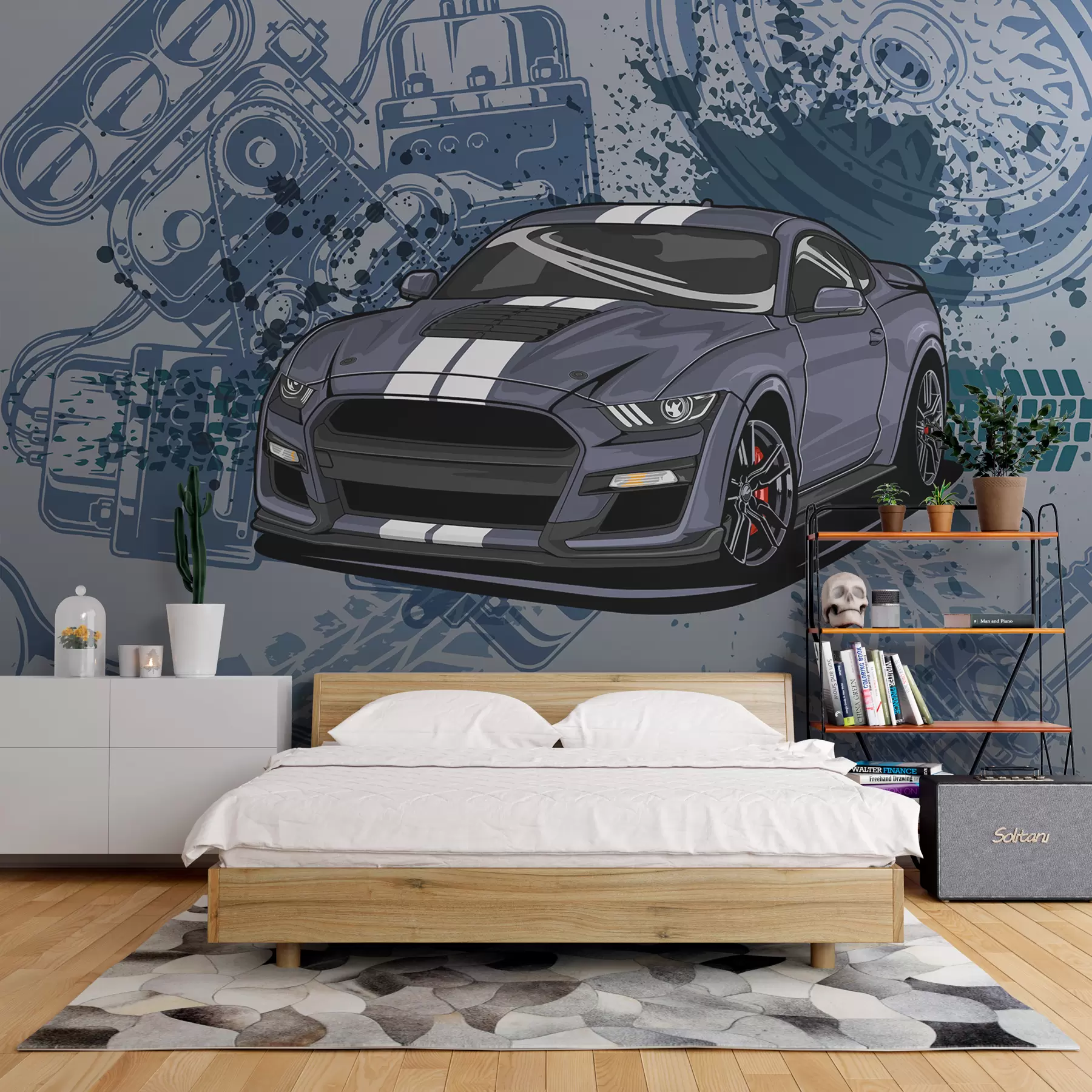wall murals Дечије позадине за тинејџере са аутомобилом и графичким натписом у плавој боји w01218