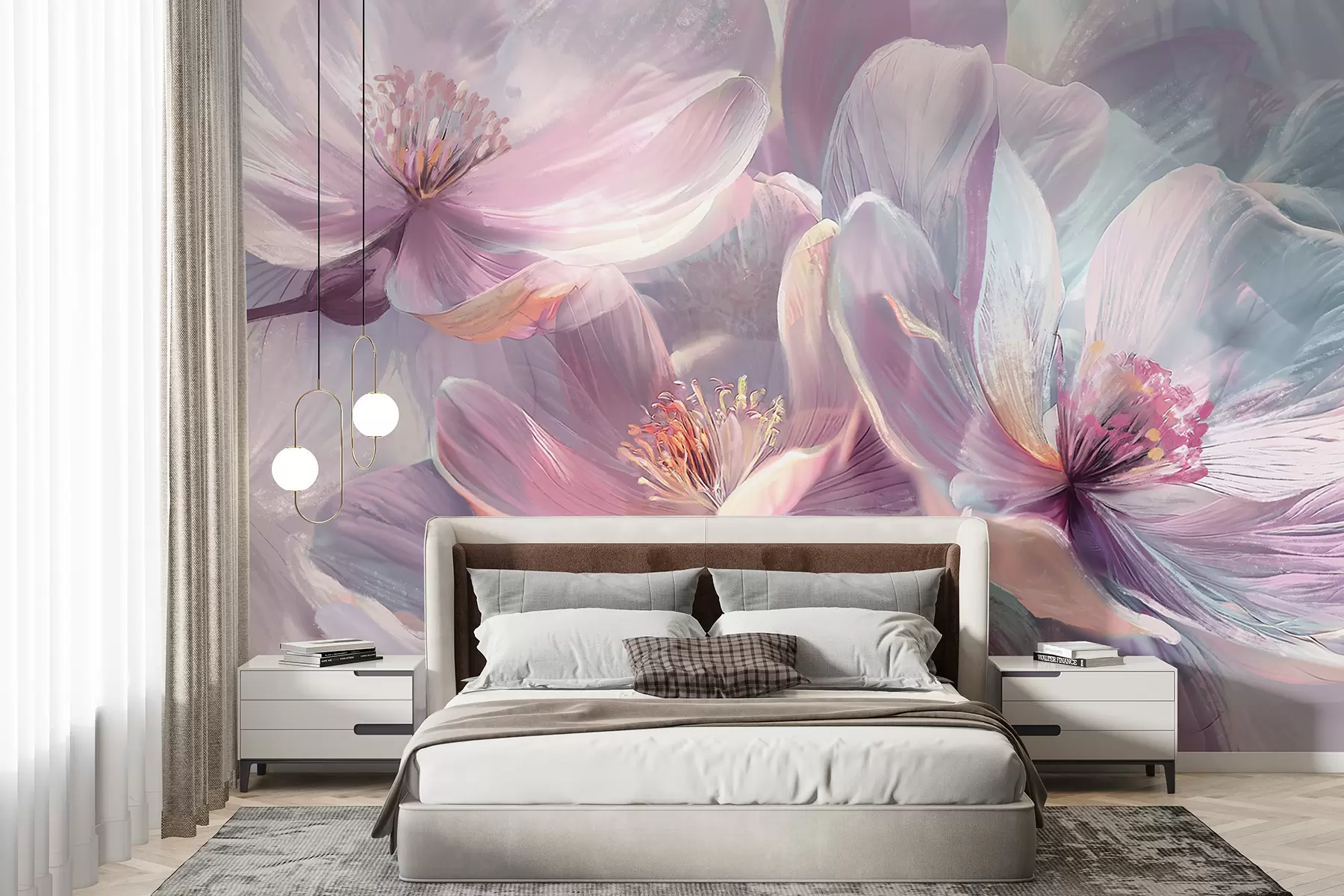 wall murals Деликатно прозирно пастелно неонско светло розе и бело цвеће са меком, замућеном позадином w01307
