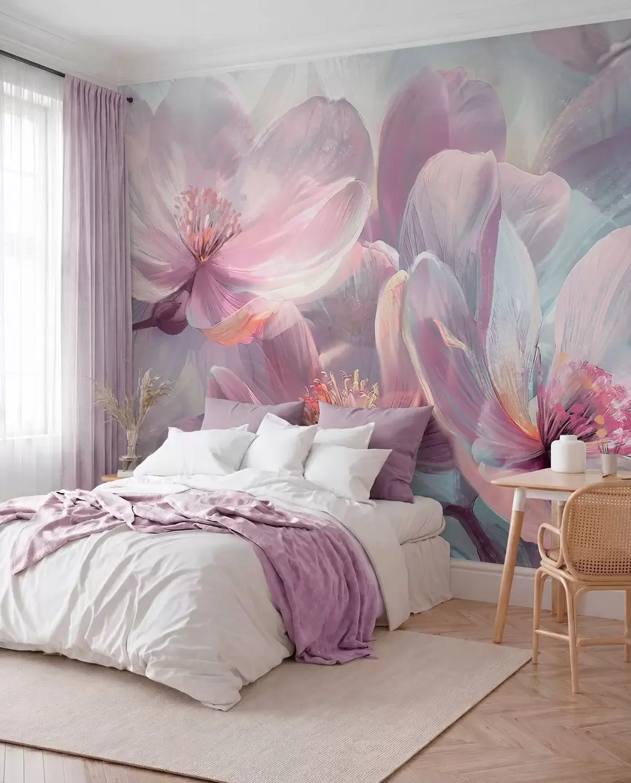 wall murals Деликатно прозирно пастелно неонско светло розе и бело цвеће са меком, замућеном позадином w01307