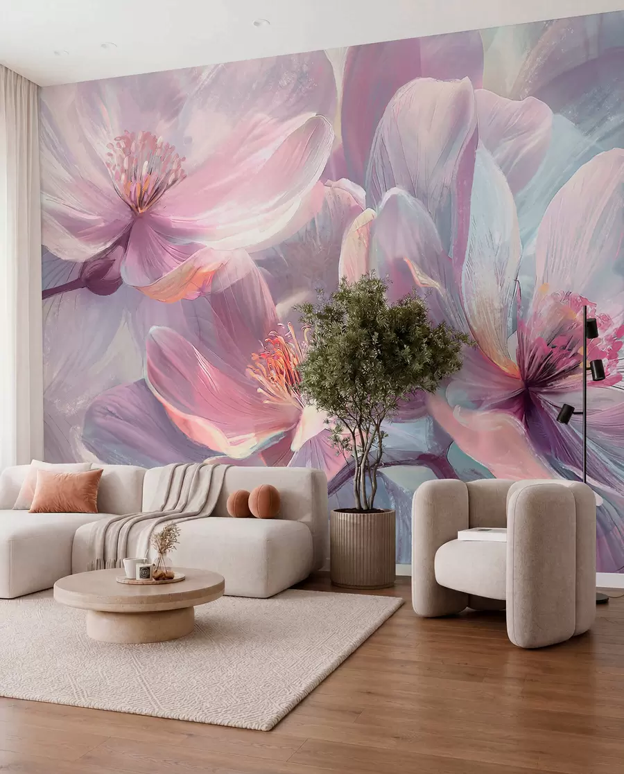 wall murals Деликатно прозирно пастелно неонско светло розе и бело цвеће са меком, замућеном позадином w01307