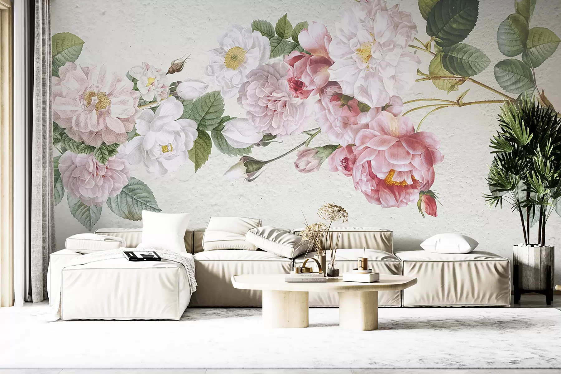 wall murals Пастелне меке ружичасте и беле руже са зеленим листовима на светлој позадини w01310