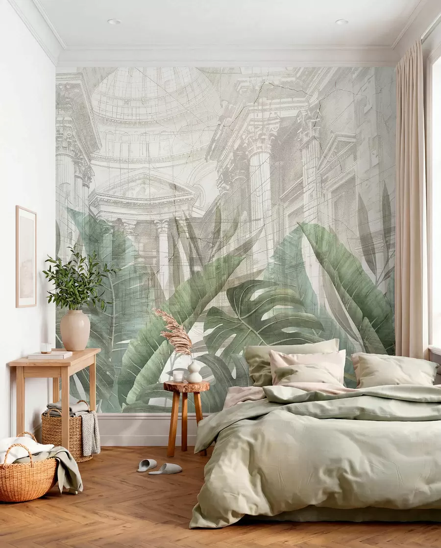 wall murals Величанствени цртеж китњастих архитектонских мермерних стубова и бујних тропских зелених биљака  w01311