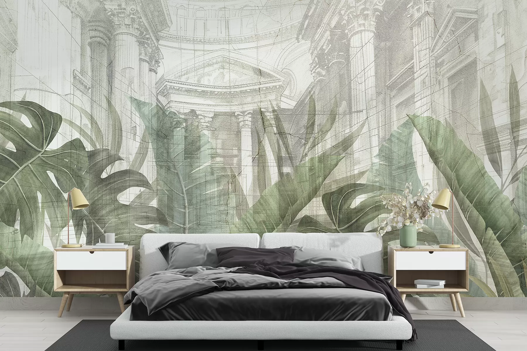wall murals Величанствени цртеж китњастих архитектонских мермерних стубова и бујних тропских зелених биљака  w01311