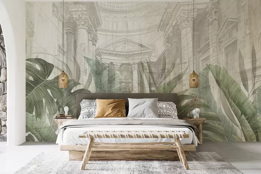 wall murals Величанствени цртеж китњастих архитектонских мермерних стубова и бујних тропских зелених биљака  w01311