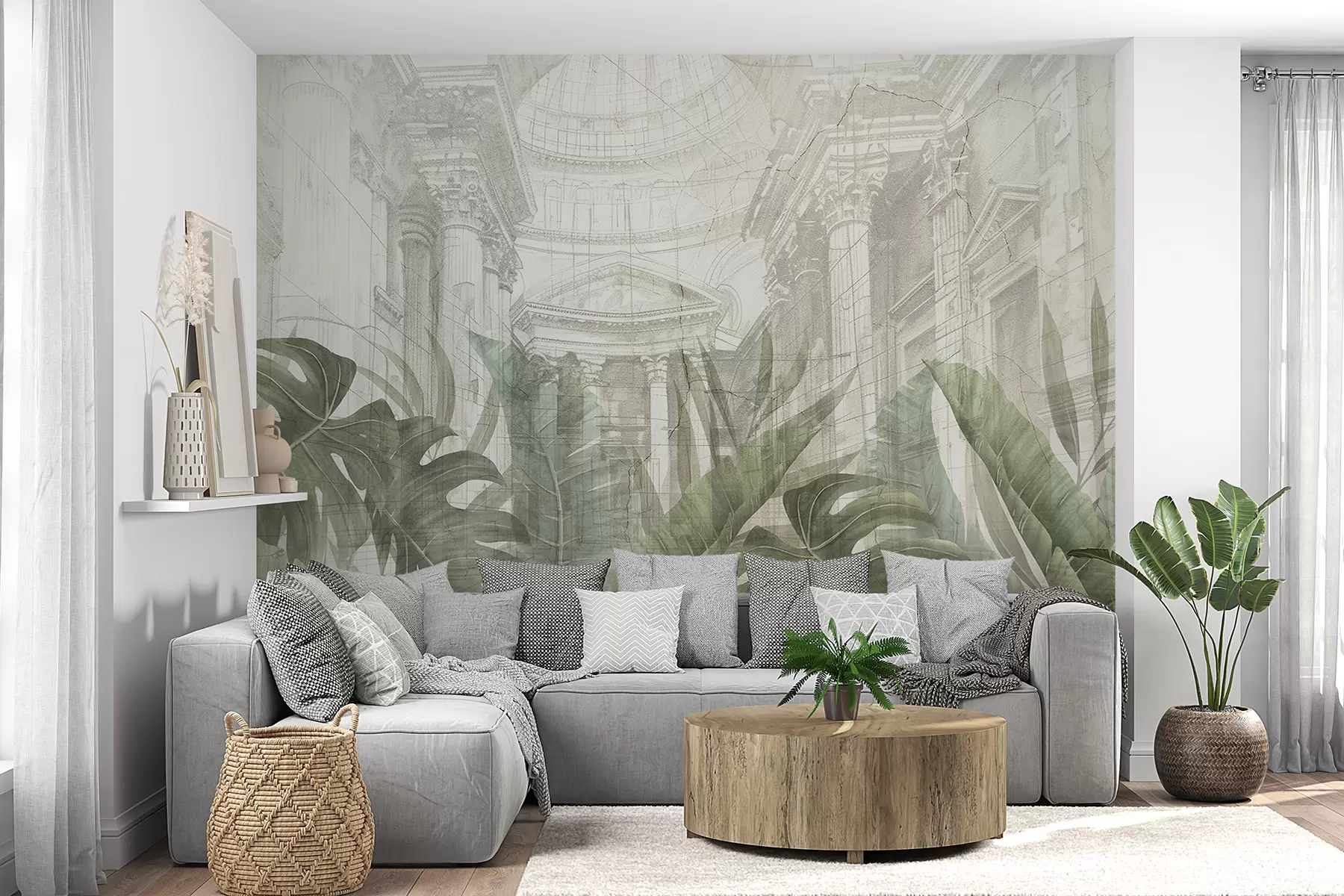 wall murals Величанствени цртеж китњастих архитектонских мермерних стубова и бујних тропских зелених биљака  w01311