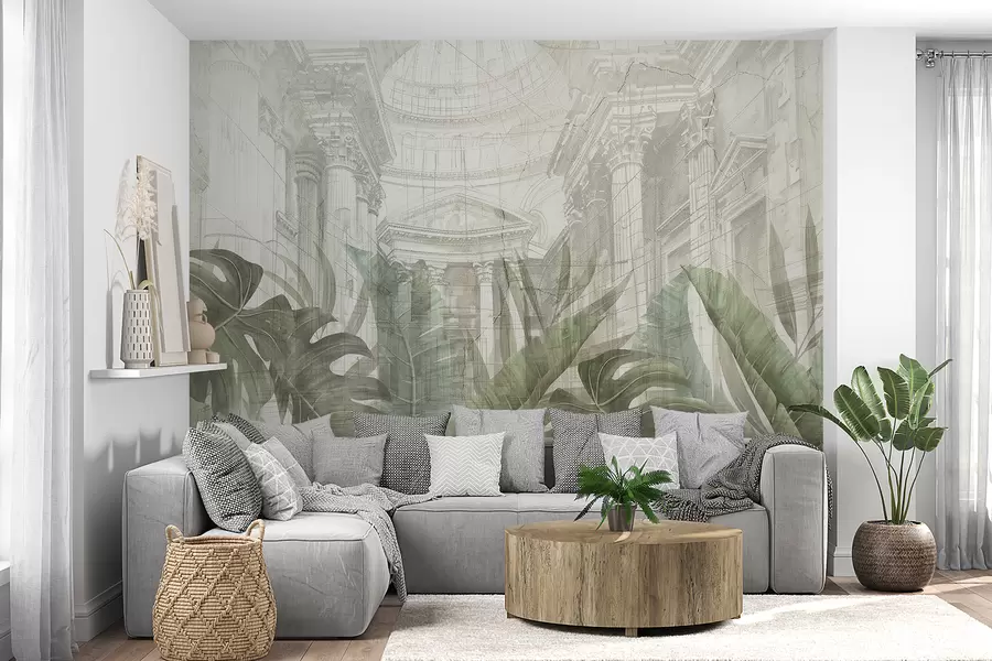 wall murals Величанствени цртеж китњастих архитектонских мермерних стубова и бујних тропских зелених биљака  w01311
