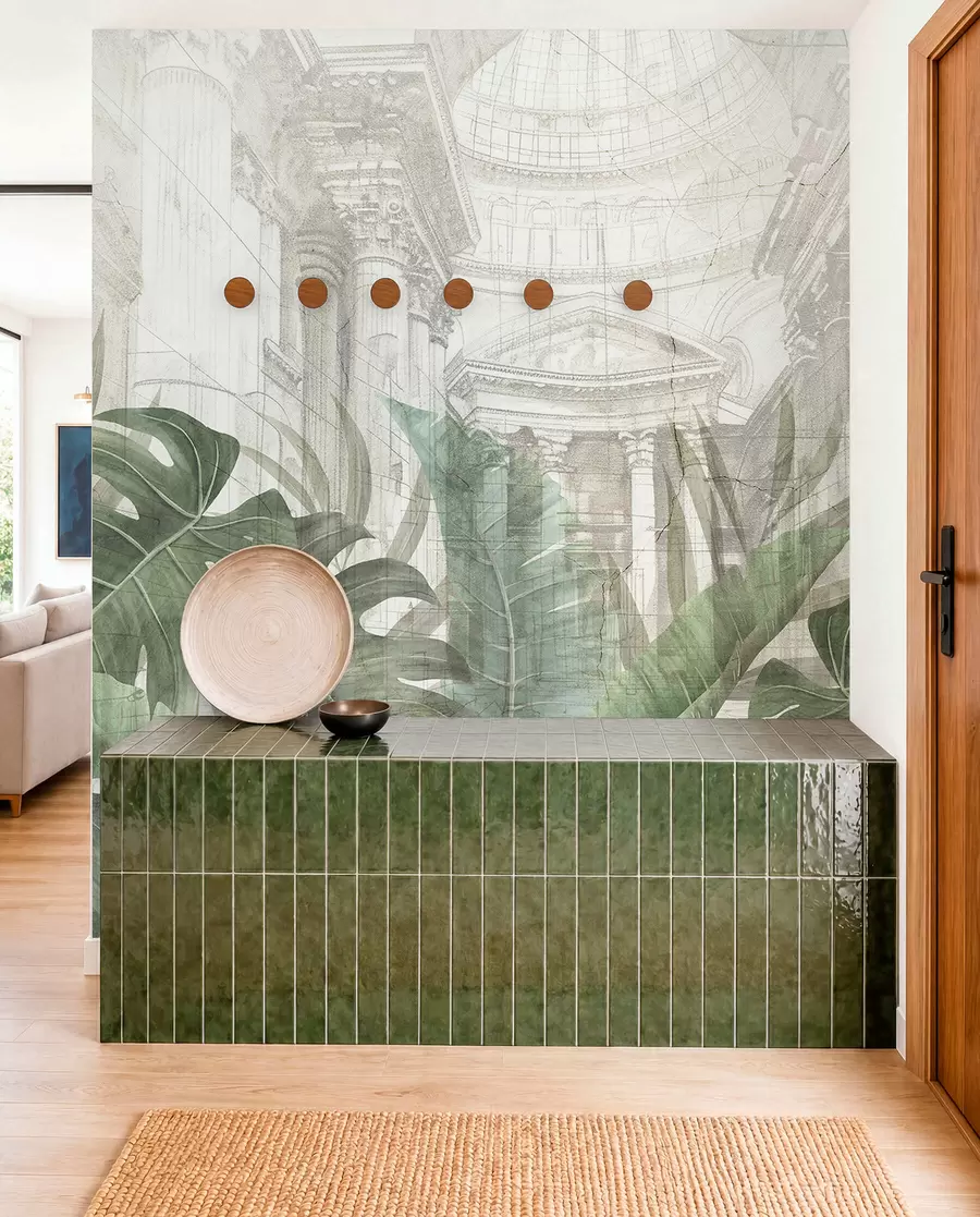 wall murals Величанствени цртеж китњастих архитектонских мермерних стубова и бујних тропских зелених биљака  w01311