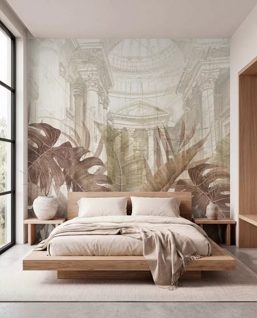 wall murals Величанствени цртеж китњастих архитектонских мермерних стубова и бујних тропских биљака сепије  w01311v1
