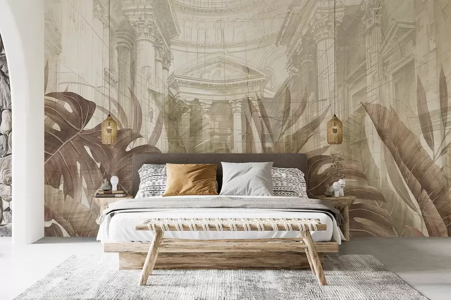 wall murals Величанствени цртеж китњастих архитектонских мермерних стубова и бујних тропских биљака сепије  w01311v1