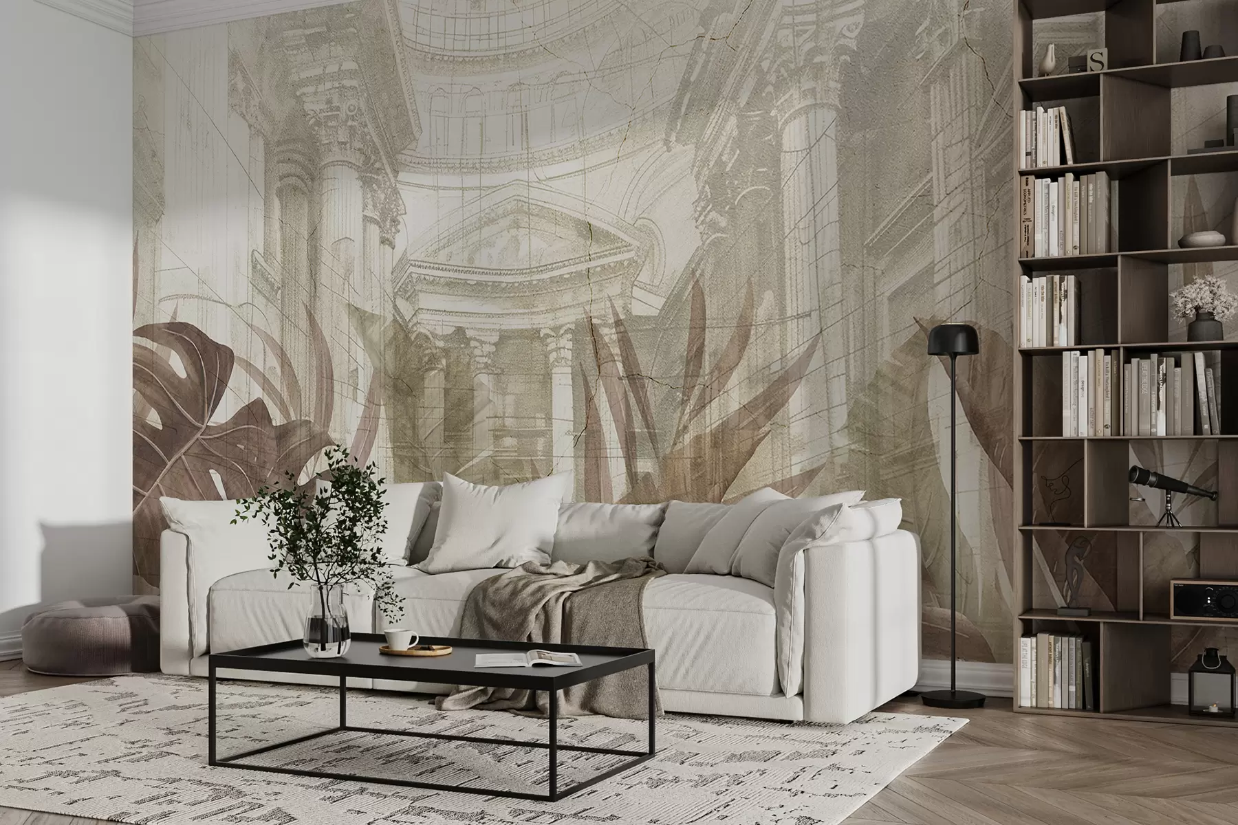 wall murals Величанствени цртеж китњастих архитектонских мермерних стубова и бујних тропских биљака сепије  w01311v1
