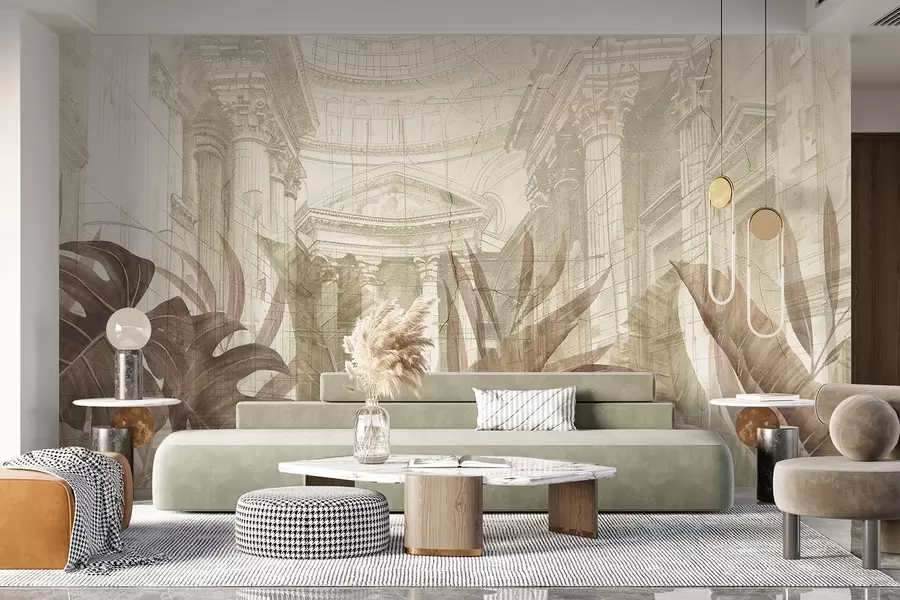 wall murals Величанствени цртеж китњастих архитектонских мермерних стубова и бујних тропских биљака сепије  w01311v1