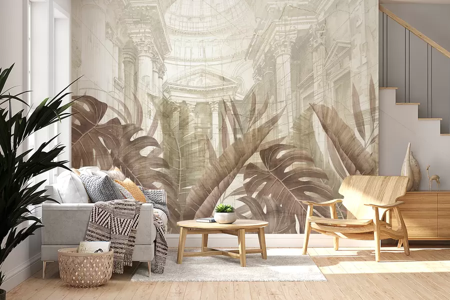 wall murals Величанствени цртеж китњастих архитектонских мермерних стубова и бујних тропских биљака сепије  w01311v1