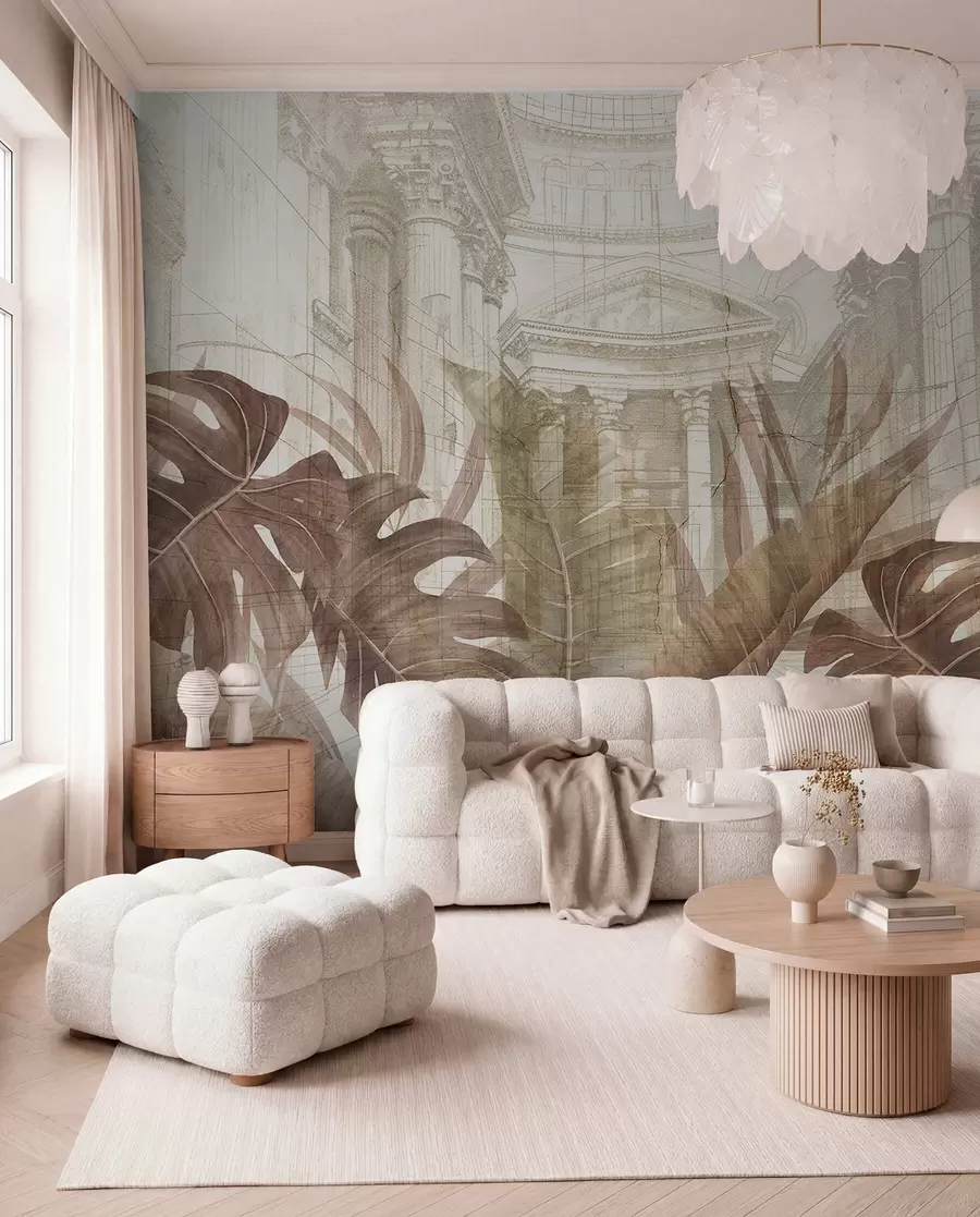 wall murals Величанствени цртеж китњастих архитектонских мермерних стубова и бујних тропских биљака сепије  w01311v1