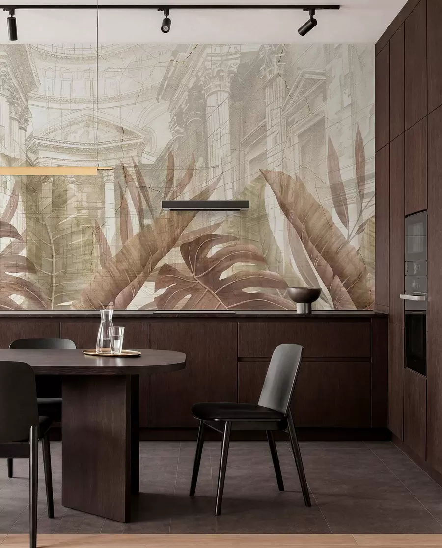 wall murals Величанствени цртеж китњастих архитектонских мермерних стубова и бујних тропских биљака сепије  w01311v1