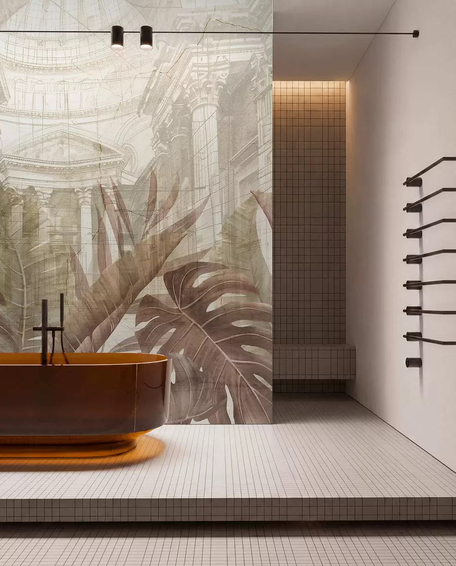 wall murals Величанствени цртеж китњастих архитектонских мермерних стубова и бујних тропских биљака сепије  w01311v1