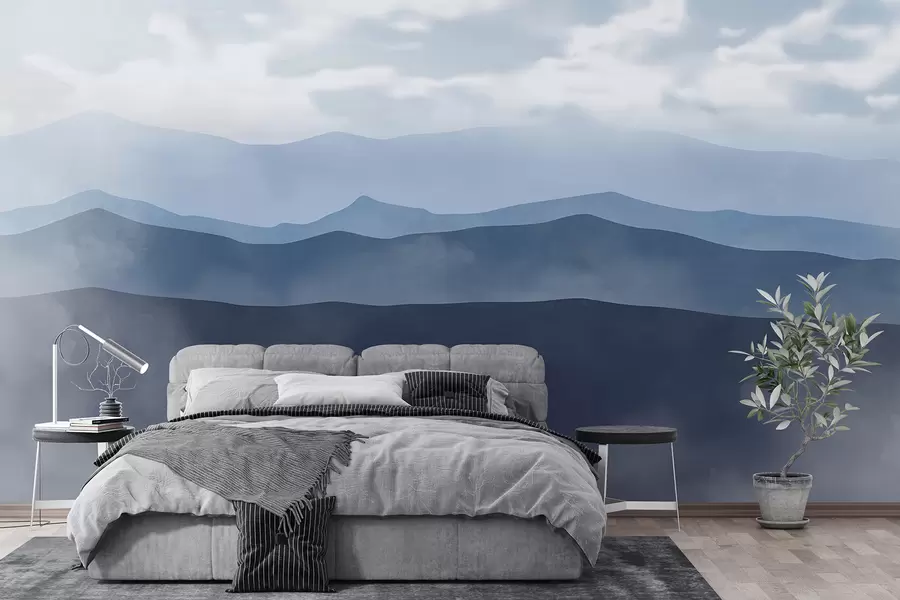 wall murals Магловити минималистички планински пејзаж са валовитим брдима и облачним небом w01317