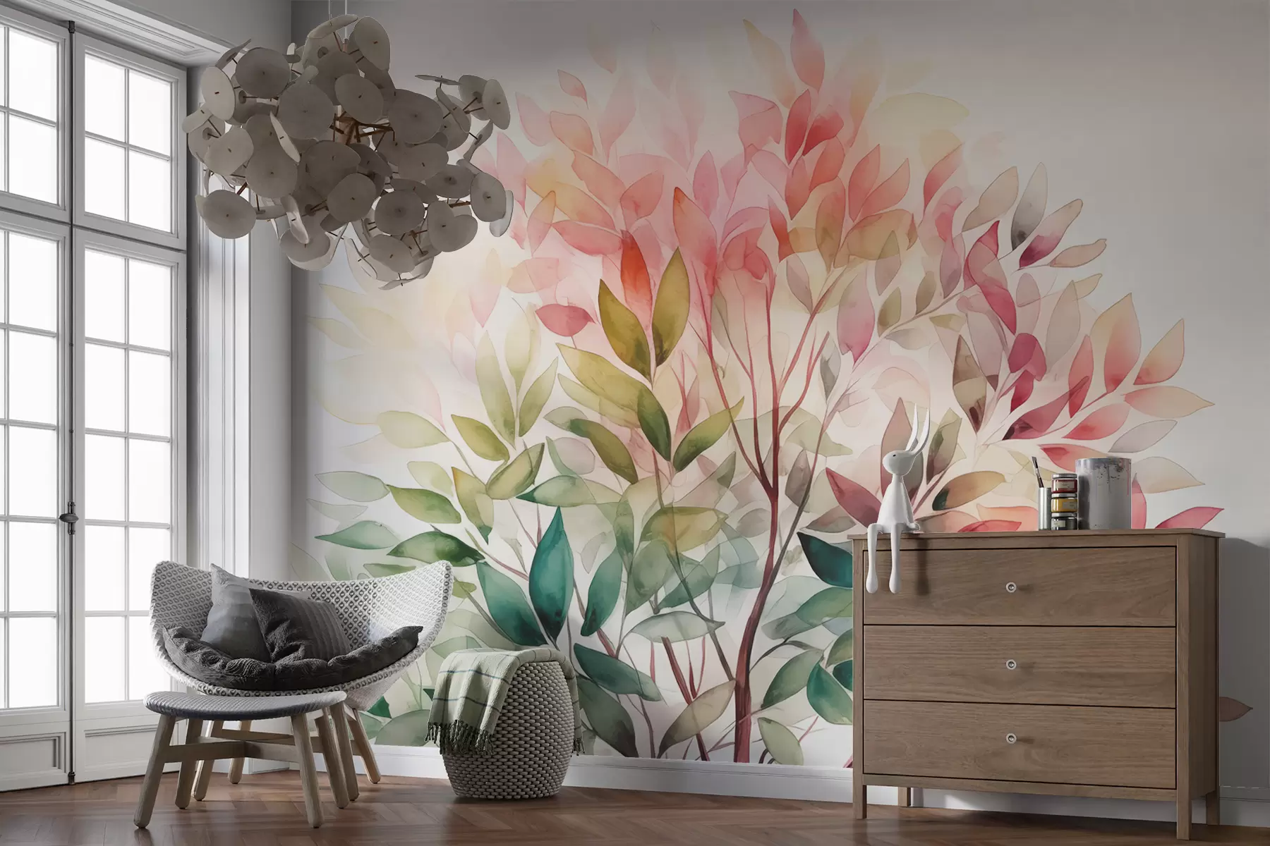 wall murals Листопадно дрво акварела, розе и зелене боје w07887