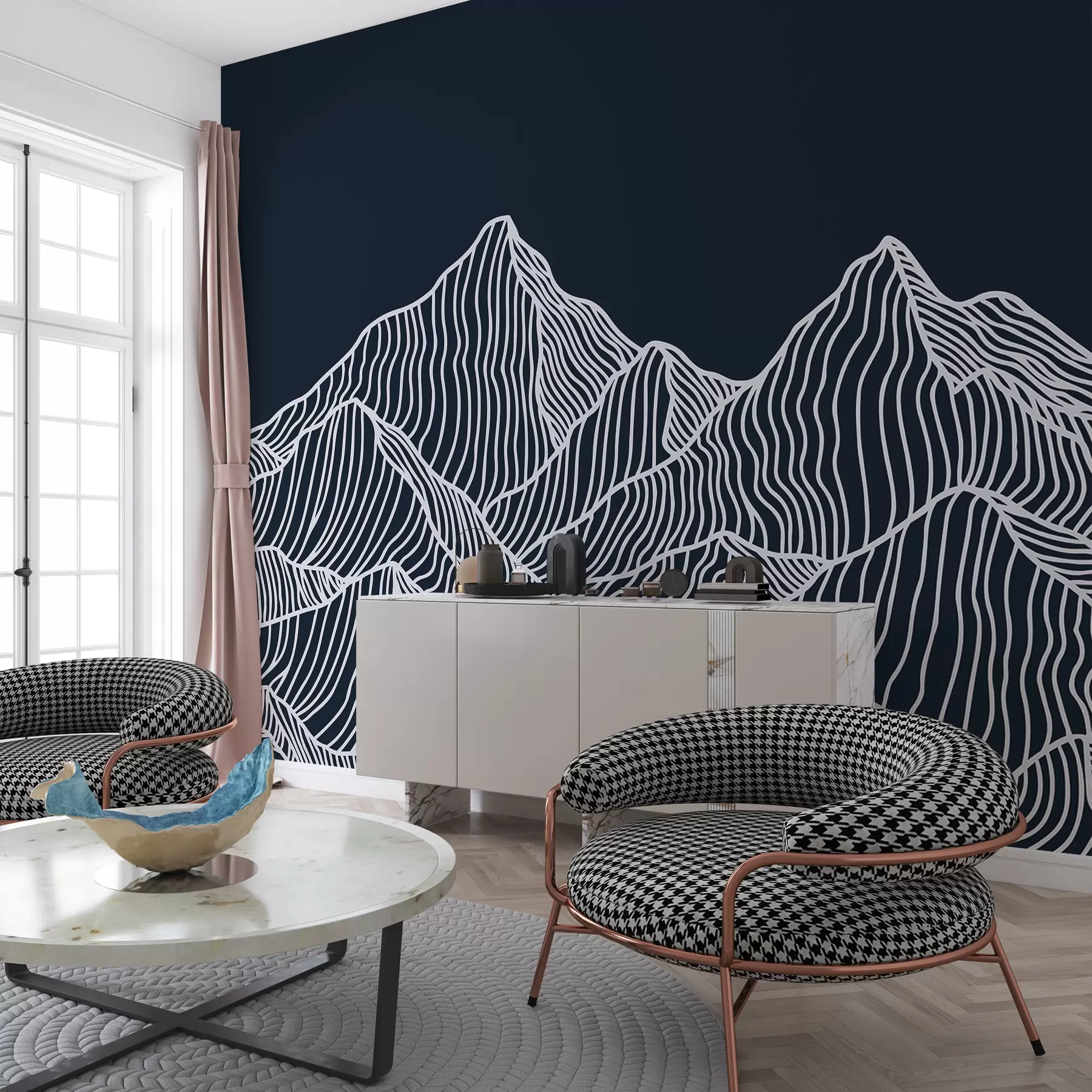wall murals Линеарне беле планине на плавој позадини w01214v3