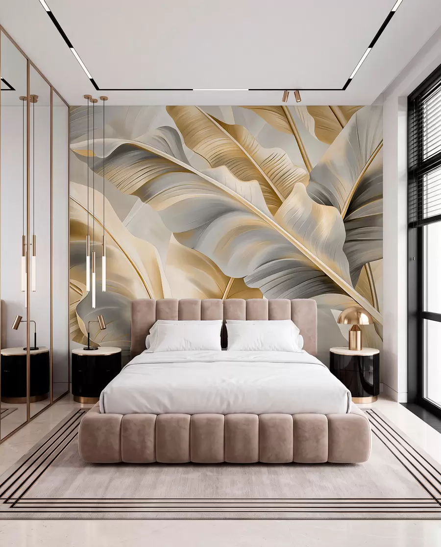 wall murals луксузни велики листови банане у сиво-беж тоновима w07876