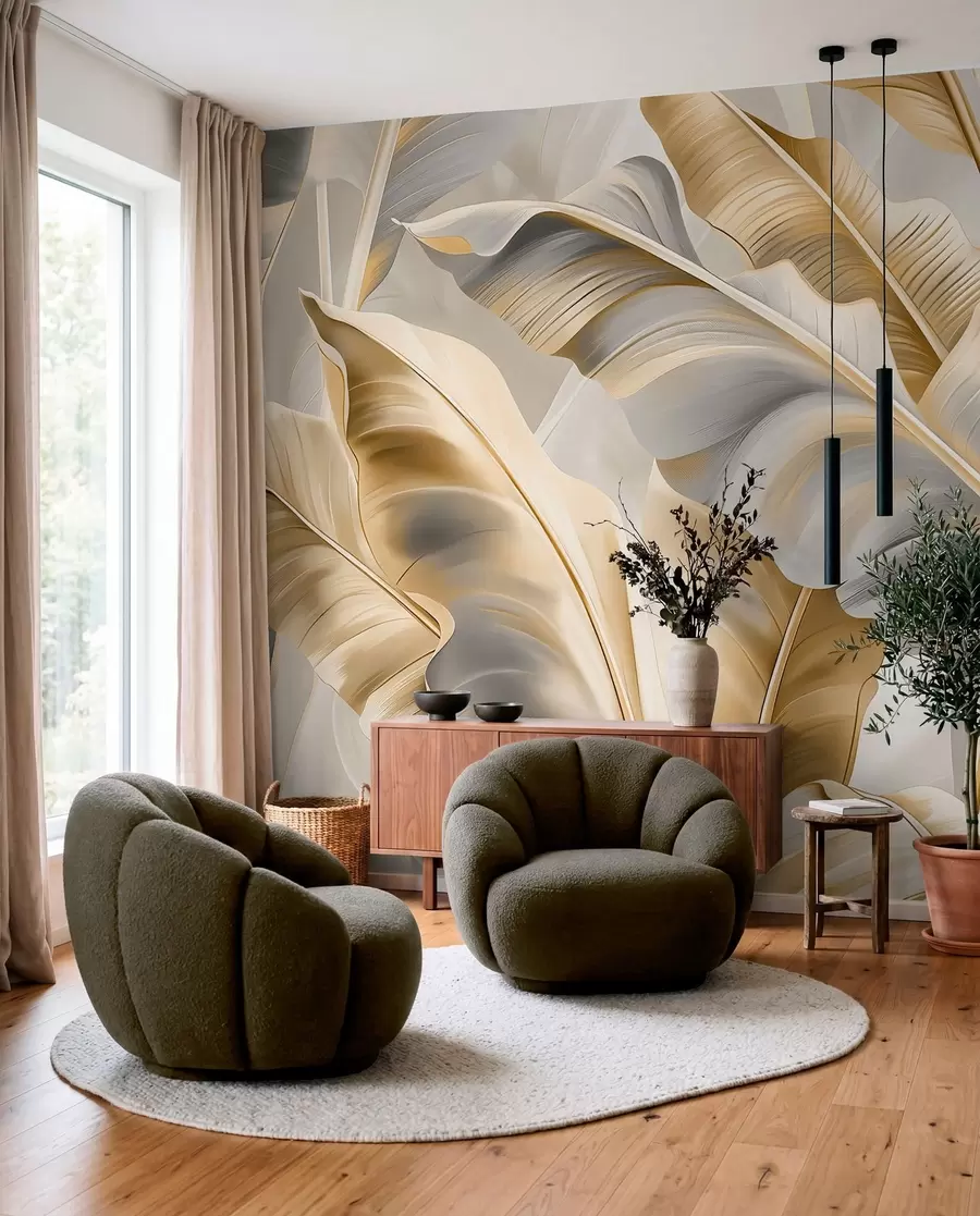 wall murals луксузни велики листови банане у сиво-беж тоновима w07876