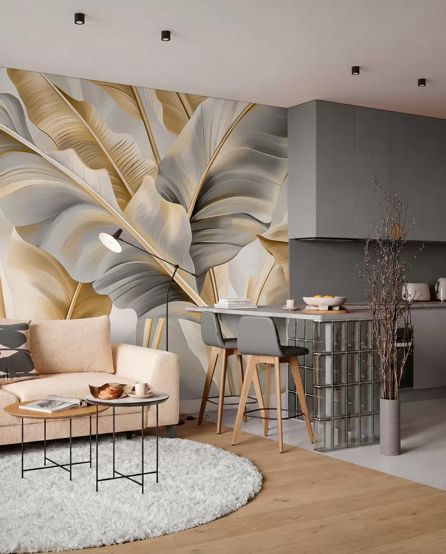 wall murals луксузни велики листови банане у сиво-беж тоновима w07876