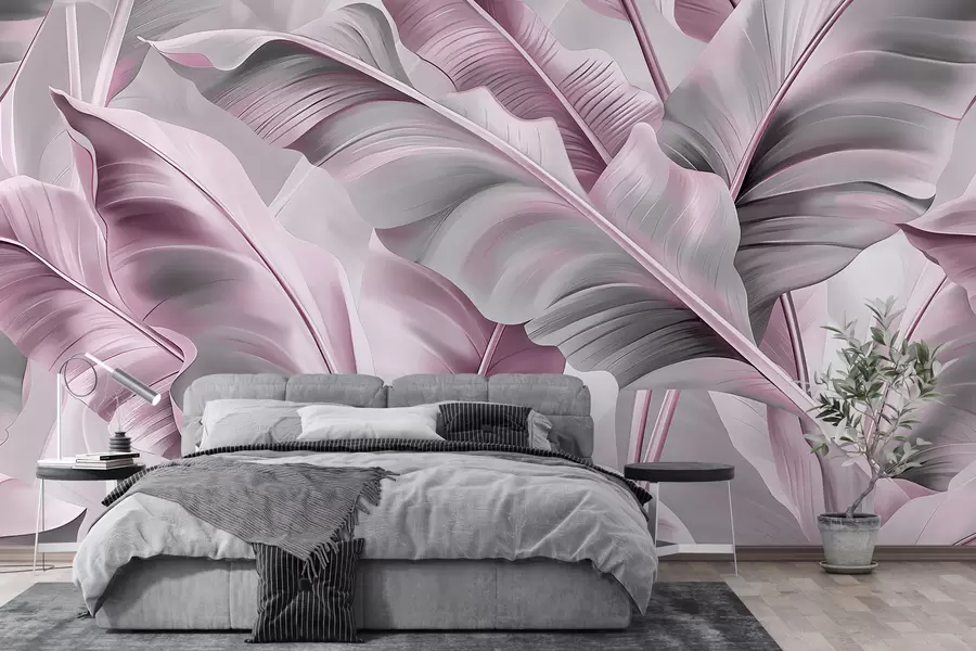 wall murals раскошни велики листови банане у ружичасто сивим тоновима w07876v2
