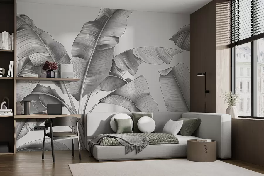 wall murals нацртани велики листови банане у сивим тоновима w07877