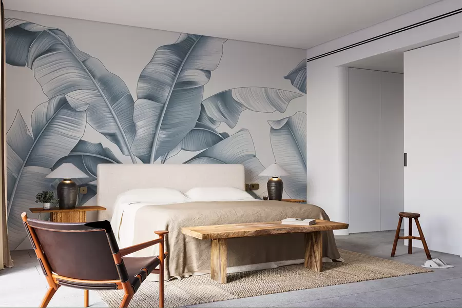 wall murals нацртани велики листови банане у плавим тоновима w07877v2