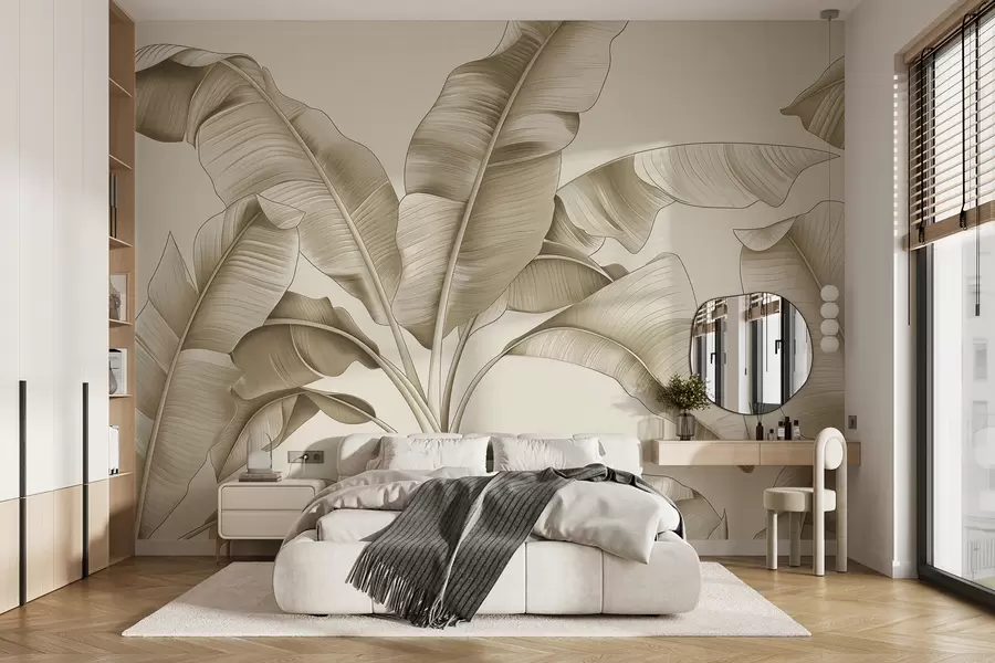 wall murals нацртани велики листови банане у беж боји w07877v3