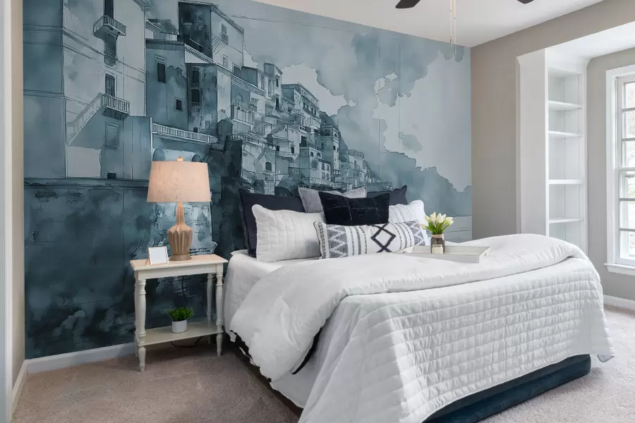 wall murals насликан акварелом град над водом у плавим тоновима w07879