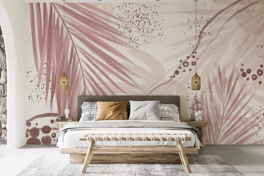 wall murals Тропско ружичасто палмино лишће и листови, са апстрактним облицима и прскањем у нијансама ружичасте и беле w07918v1