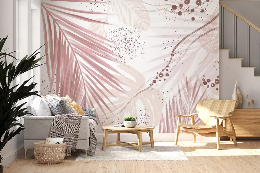 wall murals Тропско ружичасто палмино лишће и листови, са апстрактним облицима и прскањем у нијансама ружичасте и беле w07918v1