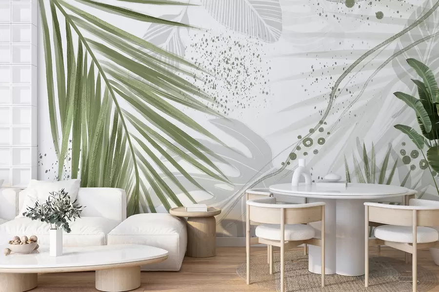 wall murals Тропско зелено палмино лишће и лишће, са апстрактним облицима и прскањем у нијансама зелене и беле w07918
