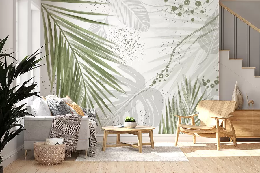wall murals Тропско зелено палмино лишће и лишће, са апстрактним облицима и прскањем у нијансама зелене и беле w07918