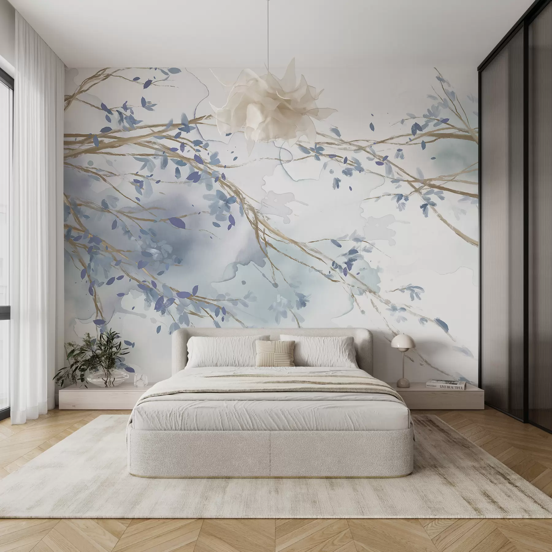 wall murals Деликатне плаве и беле цветне гране са меком, замућеном позадином акварела w07919