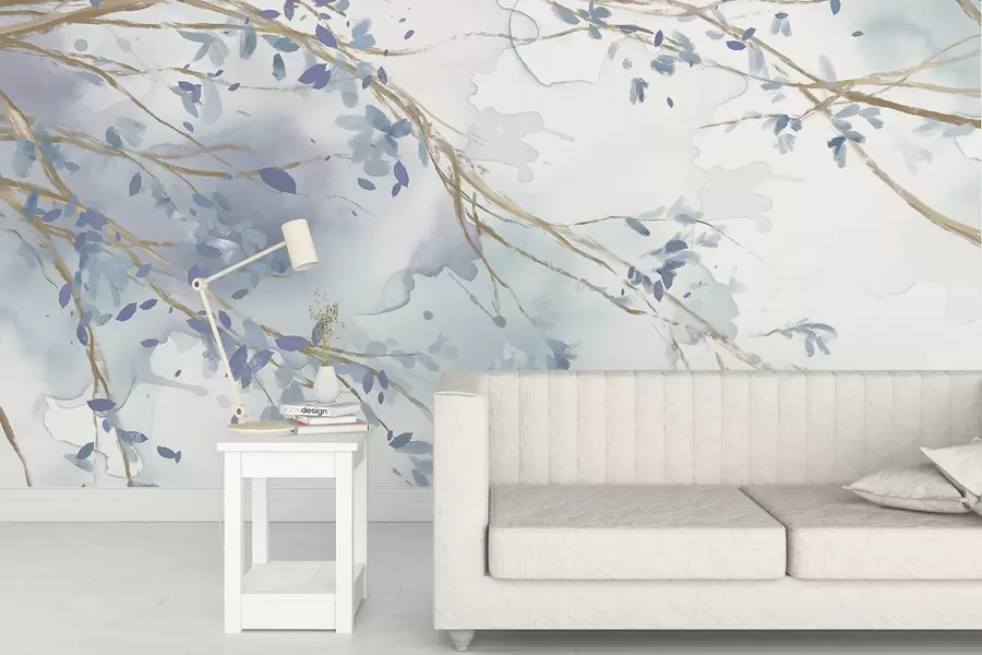 wall murals Деликатне плаве и беле цветне гране са меком, замућеном позадином акварела w07919