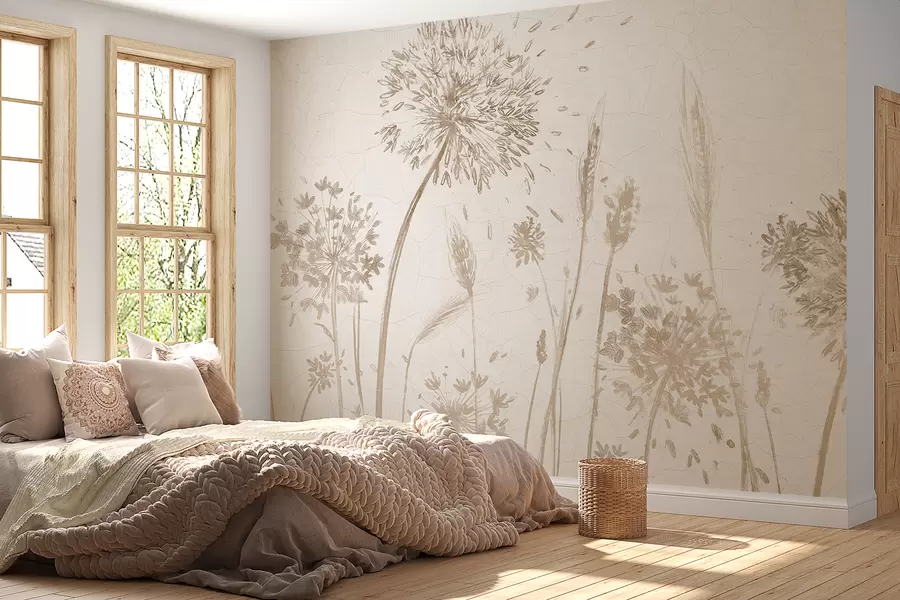wall murals Поље маслачака и другог дивљег цвећа на мекој, магловитој позадини w07921