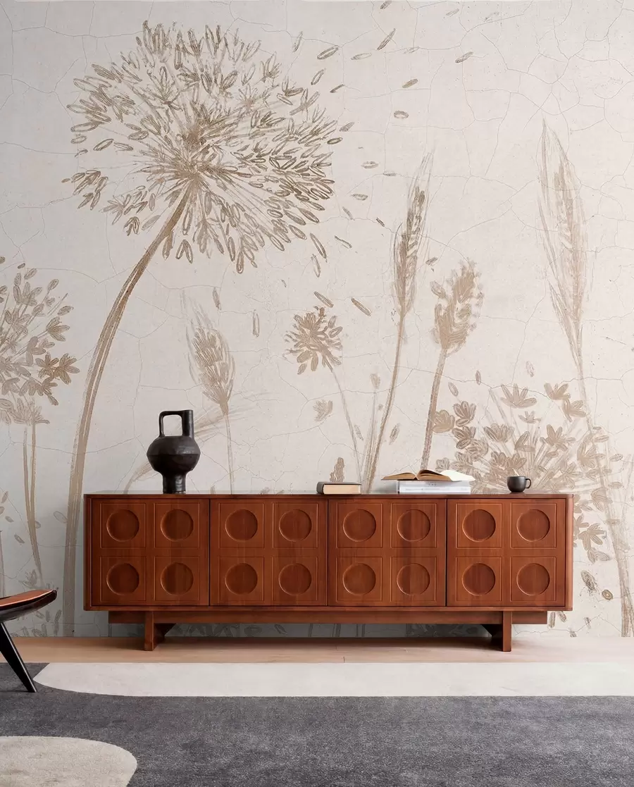 wall murals Поље маслачака и другог дивљег цвећа на мекој, магловитој позадини w07921