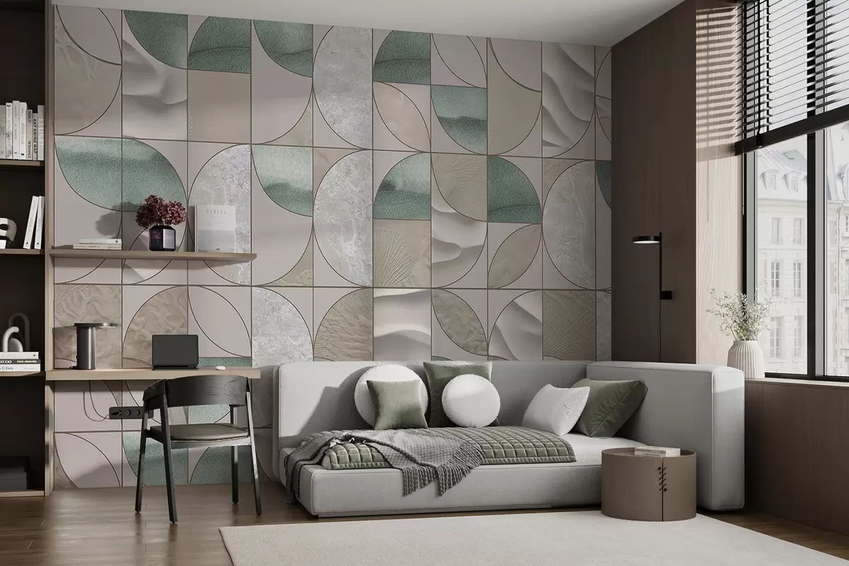 wall murals Геометријски узорак зелених, беж и белих текстура распоређених у апстрактном дизајну који се понавља w07928