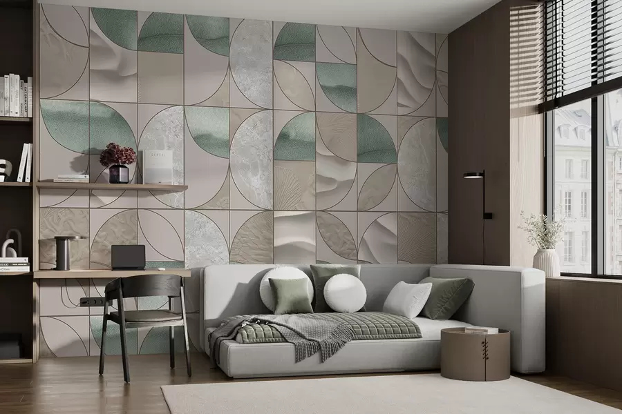 wall murals Геометријски узорак зелених, беж и белих текстура распоређених у апстрактном дизајну који се понавља w07928