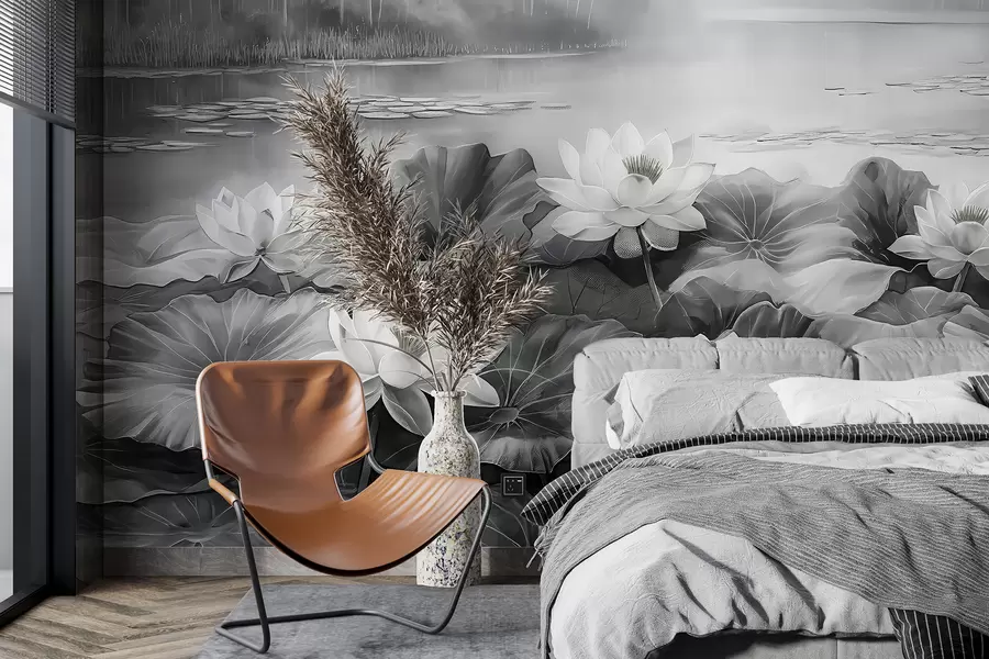 wall murals Локвањи, шумско језеро, акрилни цртеж, природа, сиве боје w07957v1